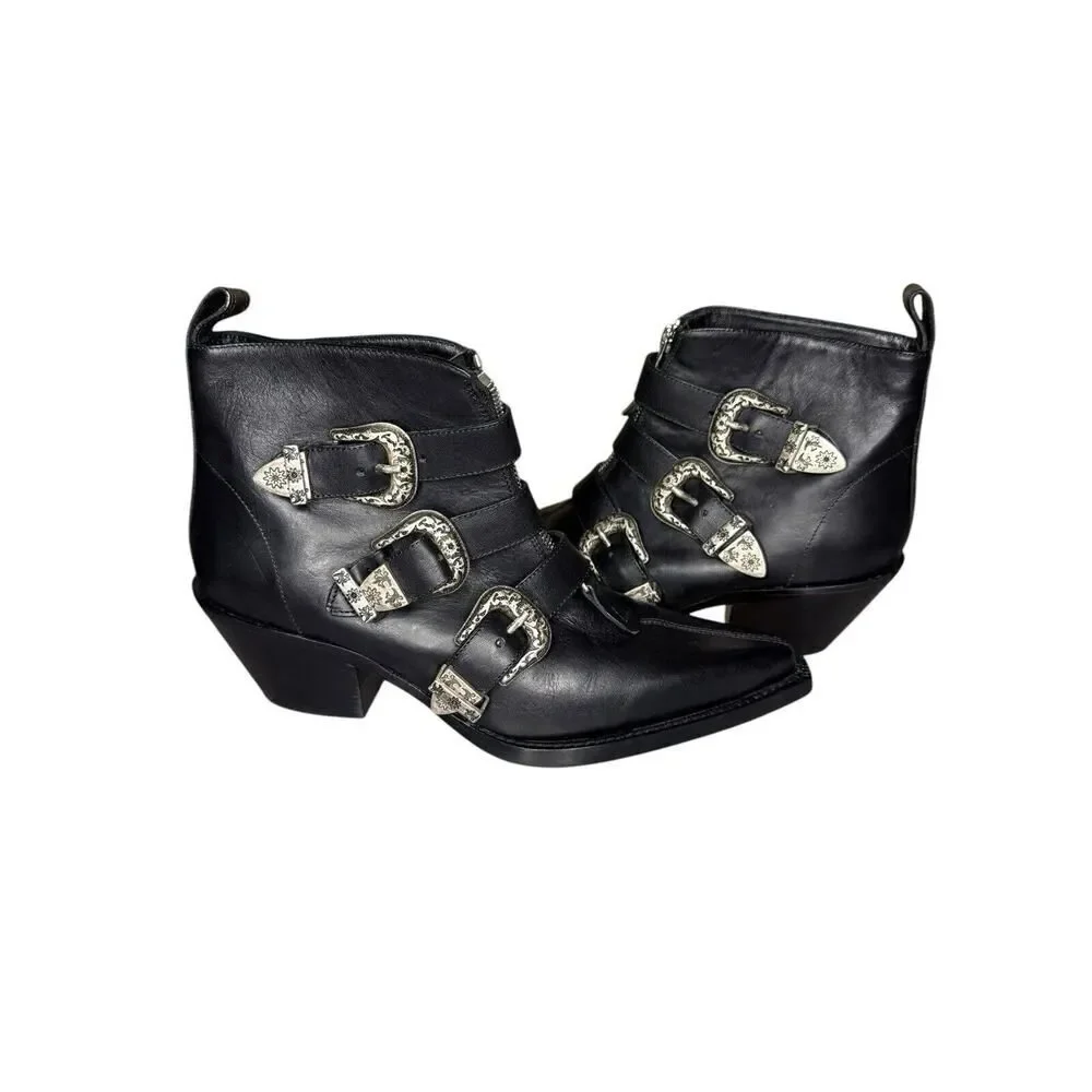 R13 Ankle Three Buckle Boot Black Leather sz 38 $995